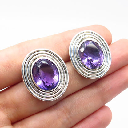 925 Sterling Silver Vintage Real Amethyst Gemstone Ribbed Oval Earrings