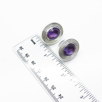 925 Sterling Silver Vintage Real Amethyst Gemstone Ribbed Oval Earrings