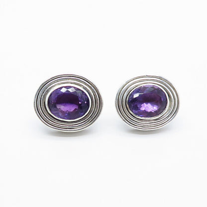 925 Sterling Silver Vintage Real Amethyst Gemstone Ribbed Oval Earrings