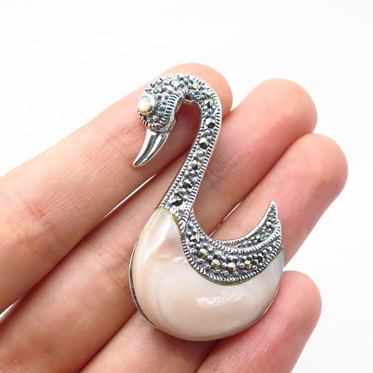 925 Sterling Silver Vintage Real Mother-of-Pearl & Marcasite Gem Swan Pin Brooch