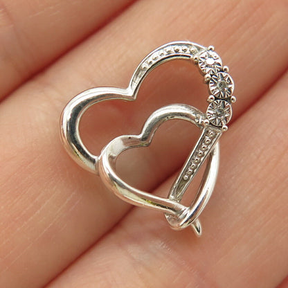 925 Sterling Silver Real Diamond Accent Double Heart Slide Pendant