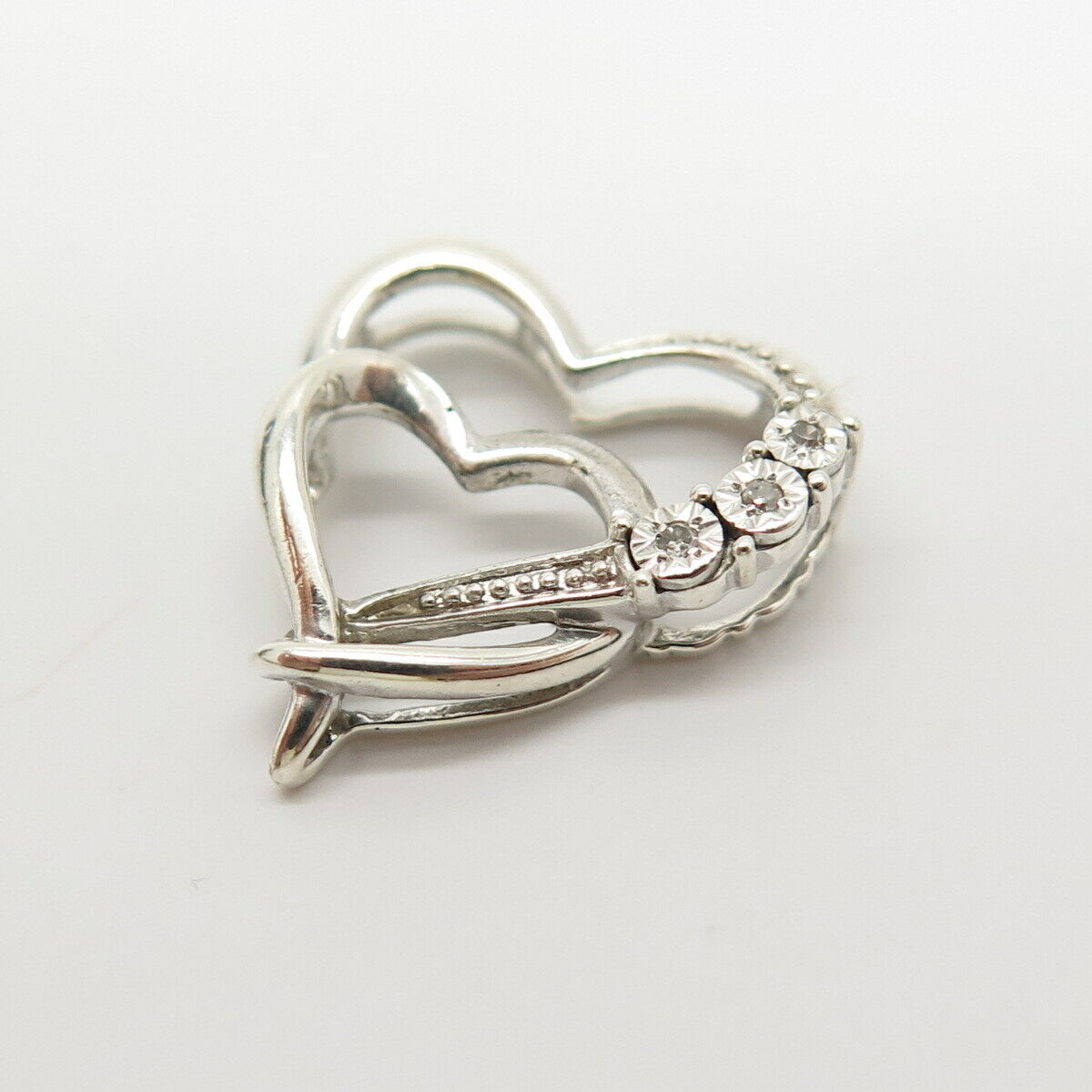 925 Sterling Silver Real Diamond Accent Double Heart Slide Pendant