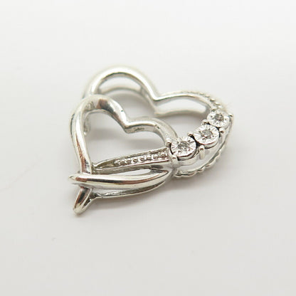 925 Sterling Silver Real Diamond Accent Double Heart Slide Pendant