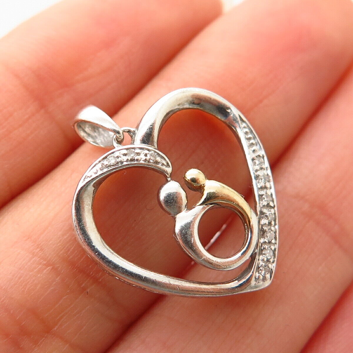 925 Sterling Silver / 10K Gold Real Diamond Mother & Child Open Heart Pendant