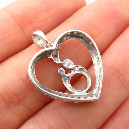 925 Sterling Silver / 10K Gold Real Diamond Mother & Child Open Heart Pendant