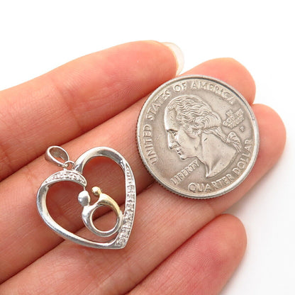 925 Sterling Silver / 10K Gold Real Diamond Mother & Child Open Heart Pendant