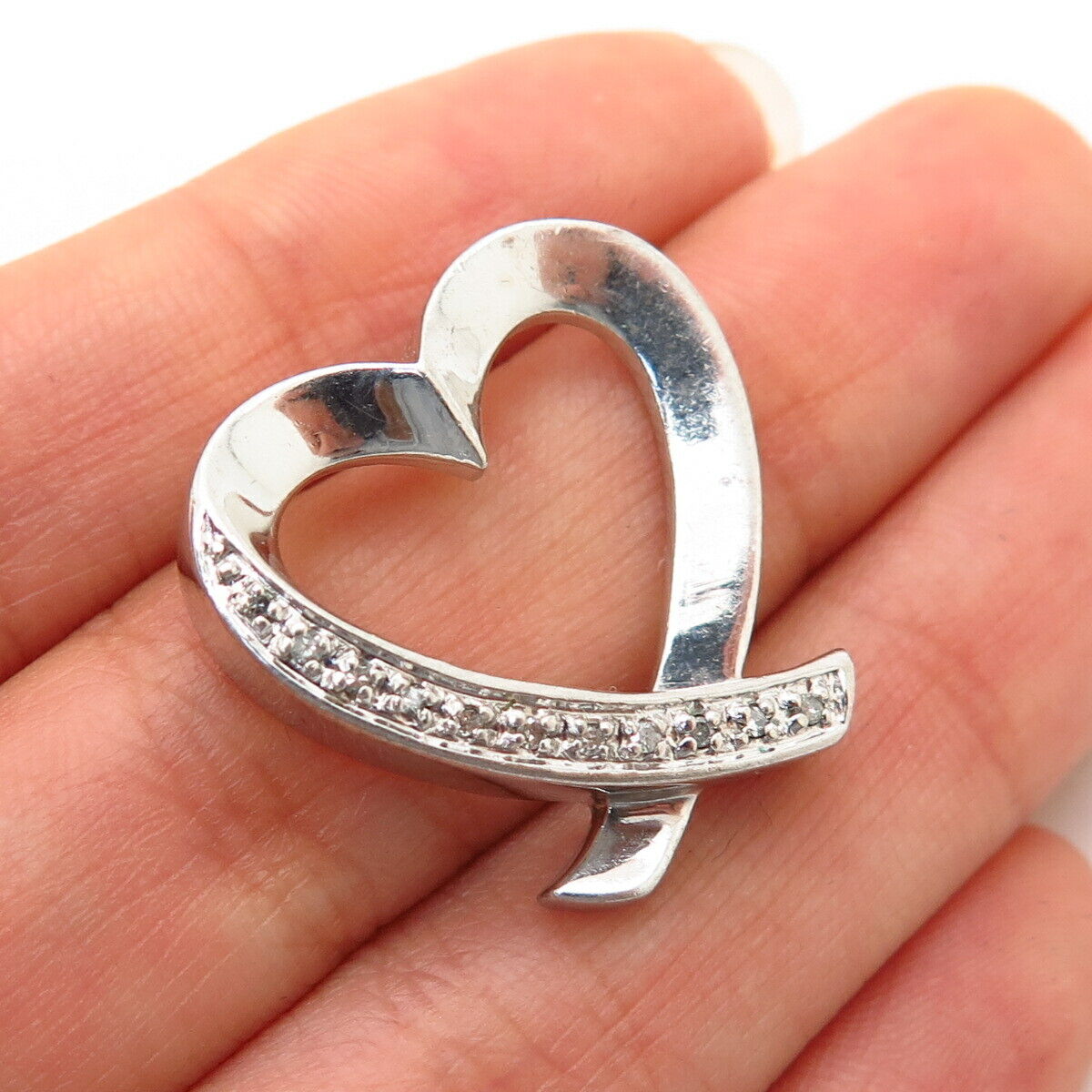 925 Sterling Silver Real Diamond Open Heart Design Slide Pendant