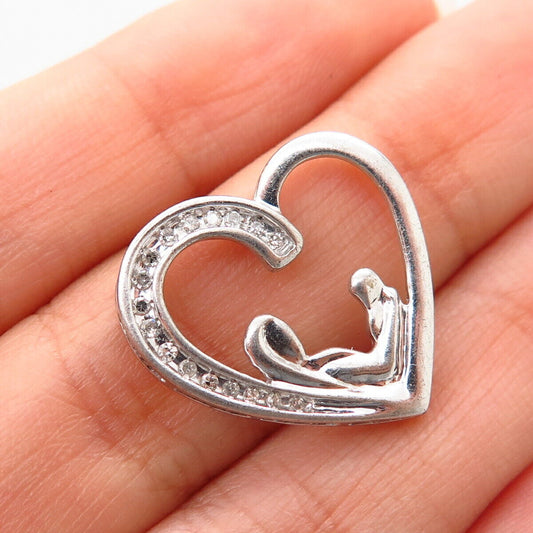 925 Sterling Silver Real Diamond Mother & Child Open Heart Slide Pendant