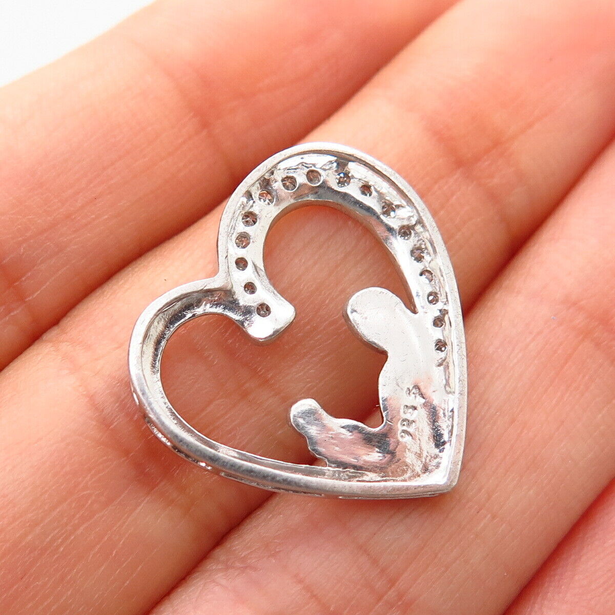 925 Sterling Silver Real Diamond Mother & Child Open Heart Slide Pendant