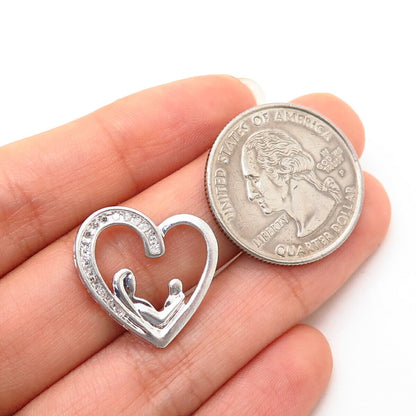 925 Sterling Silver Real Diamond Mother & Child Open Heart Slide Pendant