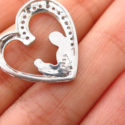 925 Sterling Silver Real Diamond Mother & Child Open Heart Slide Pendant