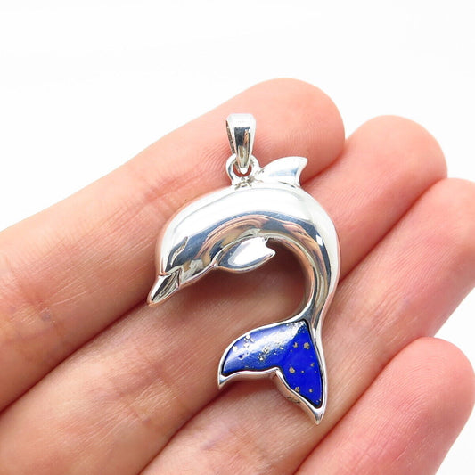 925 Sterling Silver Vintage Lenox Real Lapis Lazuli Gem Friendly Dolphin Pendant