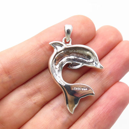 925 Sterling Silver Vintage Lenox Real Lapis Lazuli Gem Friendly Dolphin Pendant