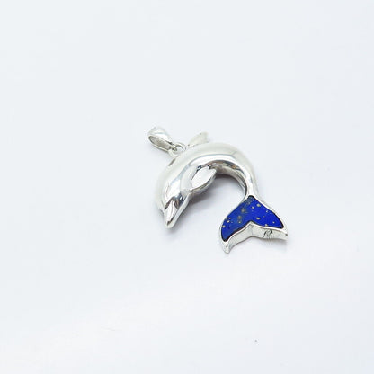 925 Sterling Silver Vintage Lenox Real Lapis Lazuli Gem Friendly Dolphin Pendant