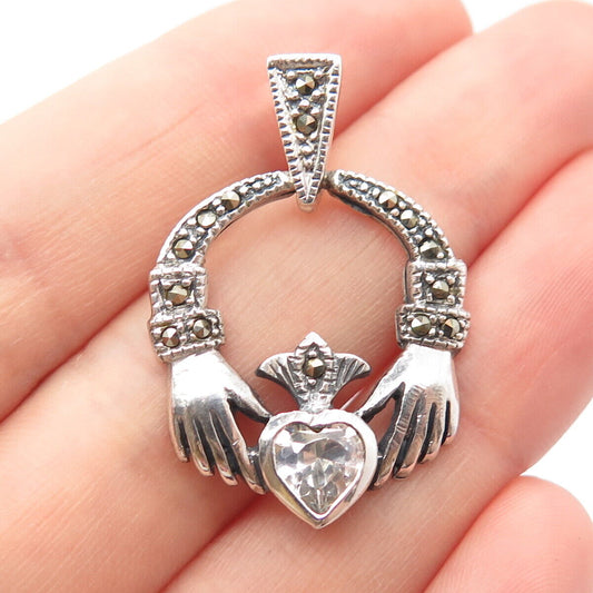 925 Sterling Silver Vintage Real Marcasite Gem & C Z Irish Claddagh Pendant