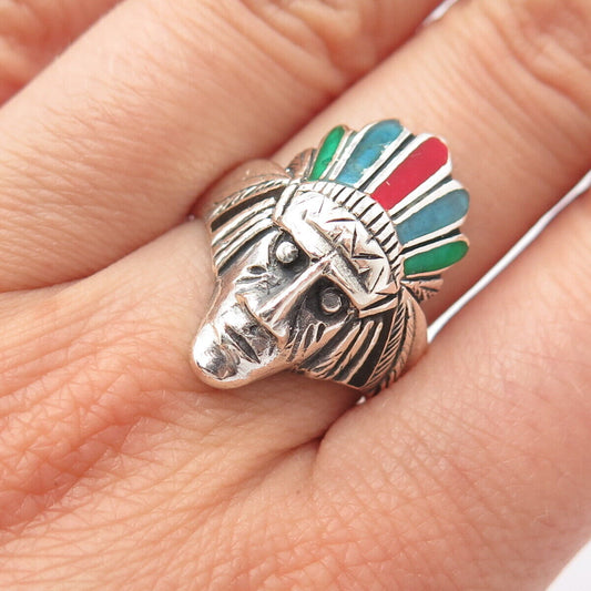 925 Sterling Silver Vintage Enamel Tribal Warrior Ring Size 8.75