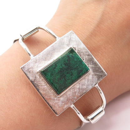 925 Sterling Silver Vintage Real Chrysocolla Gem Textured Bangle Bracelet 6.75"