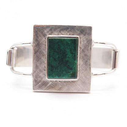 925 Sterling Silver Vintage Real Chrysocolla Gem Textured Bangle Bracelet 6.75"