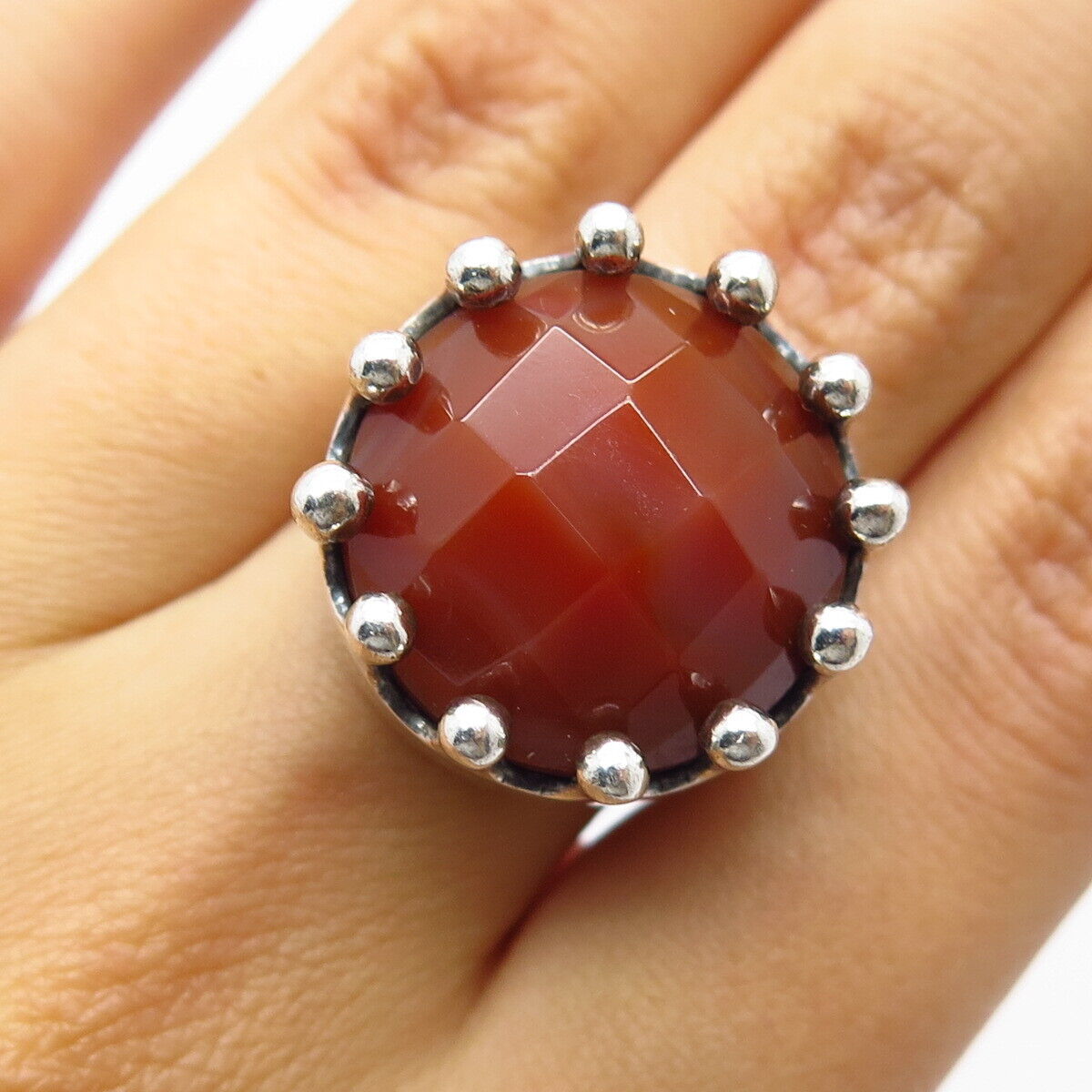 925 Sterling Silver Vintage Real Carnelian Gemstone Ring Size 7.25