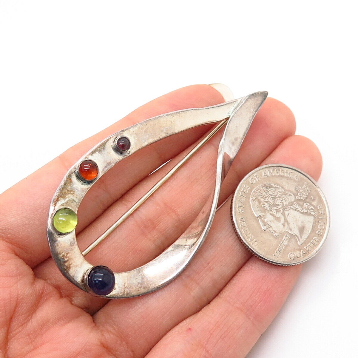 925 Sterling Silver Garnet Citrine Amethyst Gem Loop Design Pin Brooch