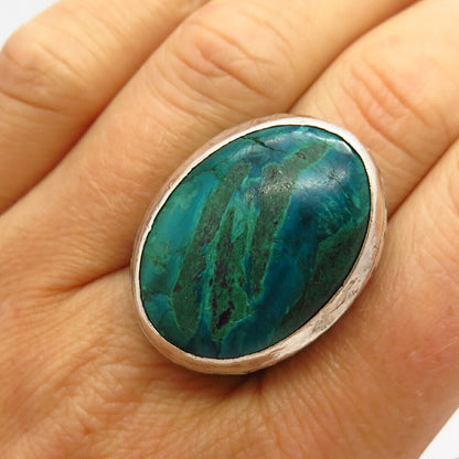 925 Sterling Silver Real Chrysocolla Gem Statement Wide Adjustable Ring Size 8