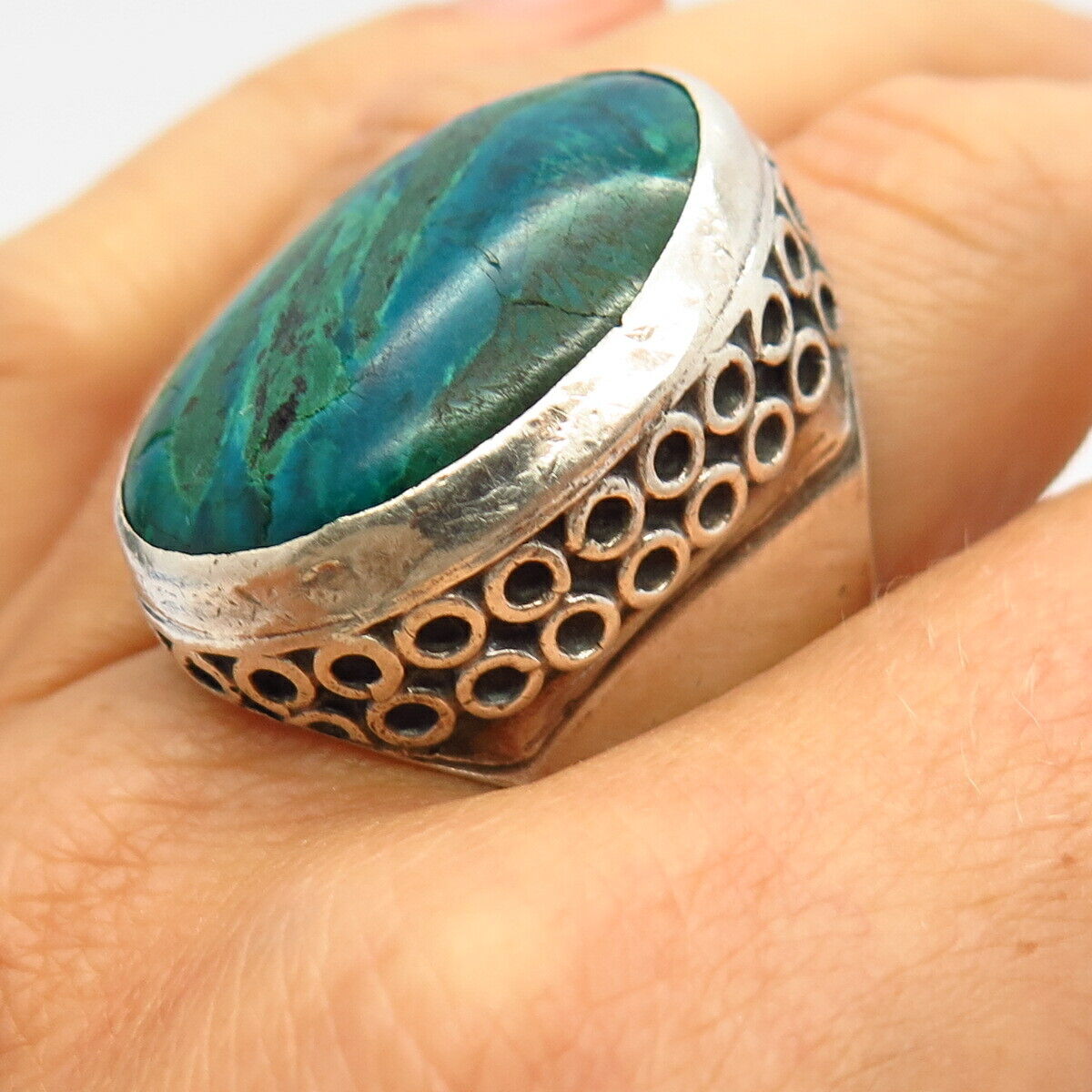 925 Sterling Silver Real Chrysocolla Gem Statement Wide Adjustable Ring Size 8