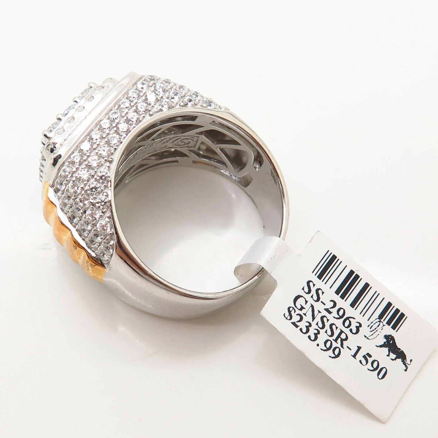 925 Sterling Silver 2-Tone Pave Swarovski Crystal Wide Men's Signet Ring