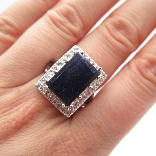 925 Sterling Silver Real Sapphire & White Topaz Gem Radiant-Cut Ring Size 7