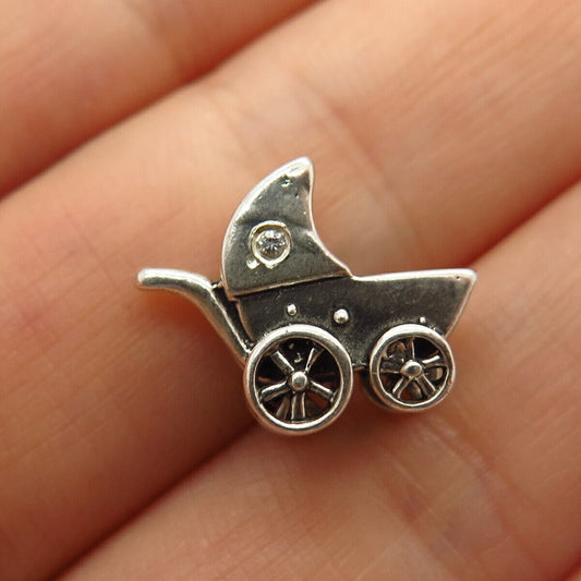 925 Sterling Silver Baby Pram / Stroller Design Charm Pendant