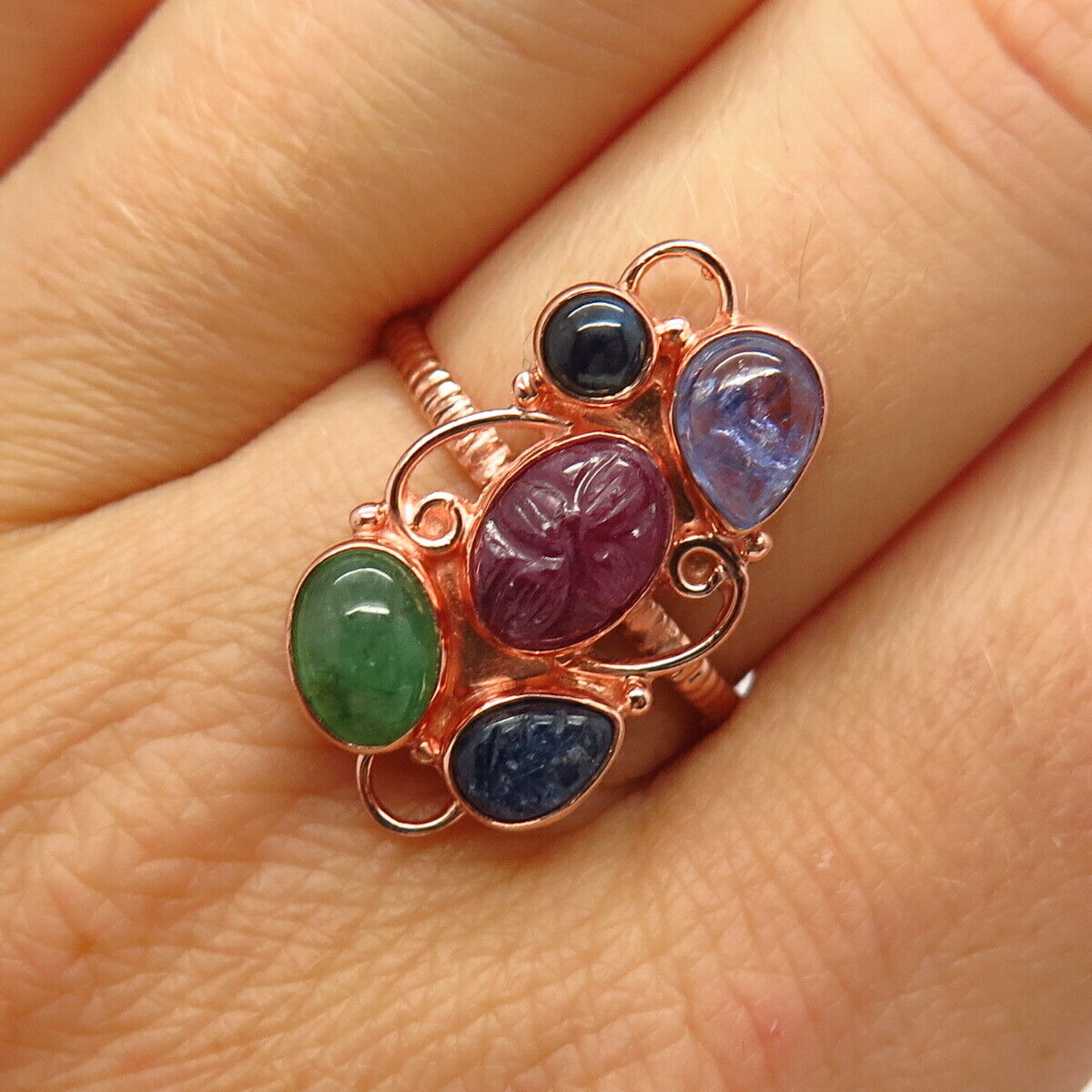 925 Sterling Silver Rose Gold Plated Carved Multi-Color Gem Ring Size 8 3/4