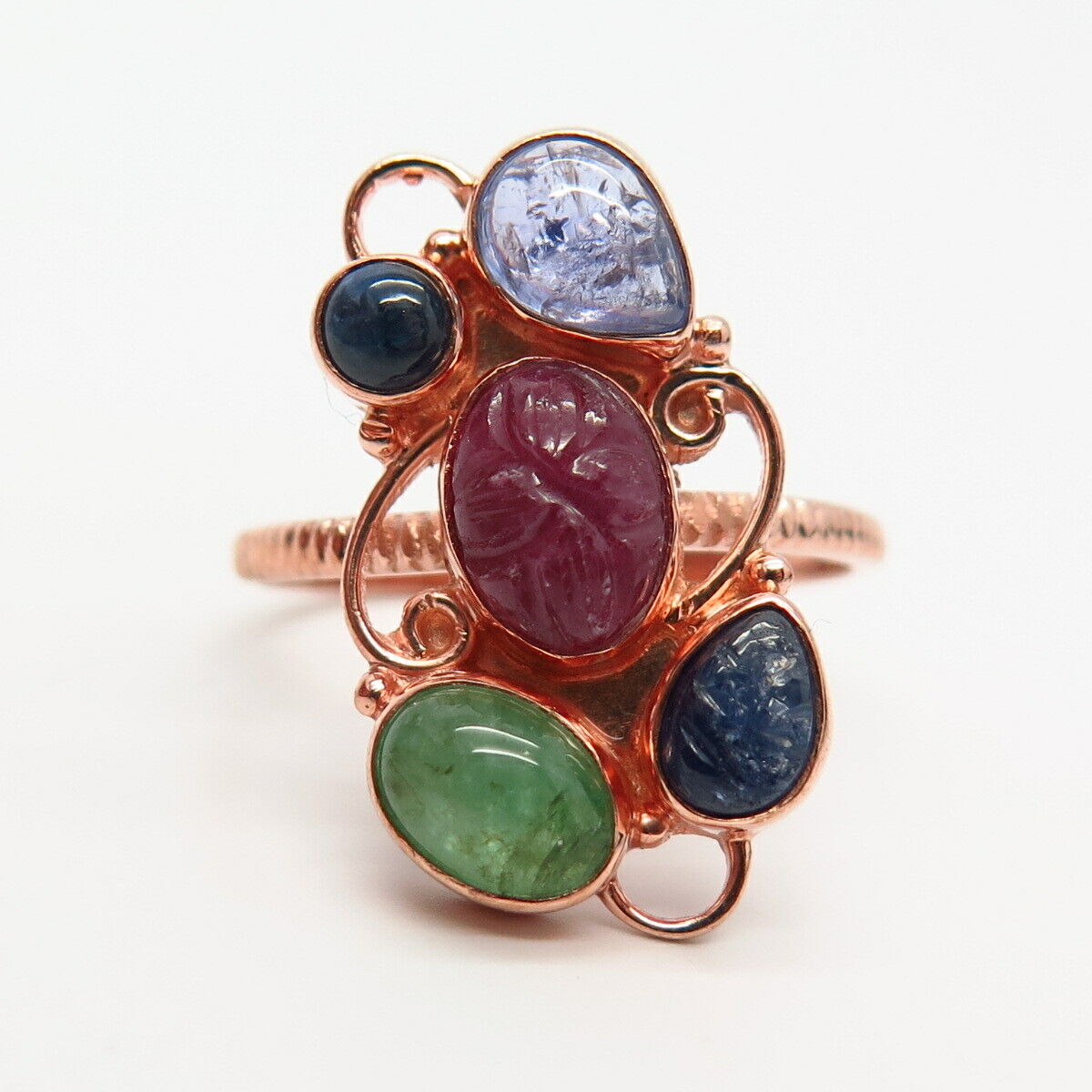 925 Sterling Silver Rose Gold Plated Carved Multi-Color Gem Ring Size 8 3/4