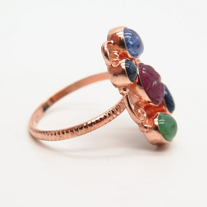 925 Sterling Silver Rose Gold Plated Carved Multi-Color Gem Ring Size 8 3/4