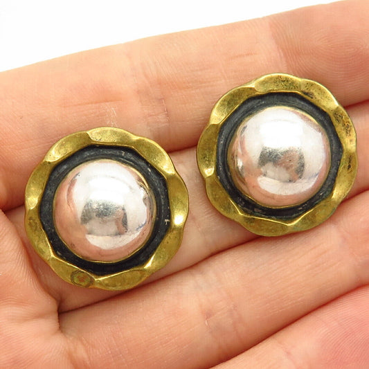 925 Sterling Silver 2-Tone Vintage Mexico Domed Design Earrings