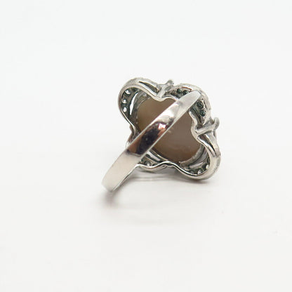 925 Sterling Silver Tiger Eye Imitation & C Z Floral Wide Ring Size 7