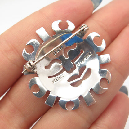 925 Sterling Silver Vintage Mexico Sun Face Tribal Pin Brooch