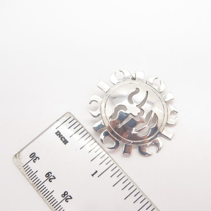925 Sterling Silver Vintage Mexico Sun Face Tribal Pin Brooch