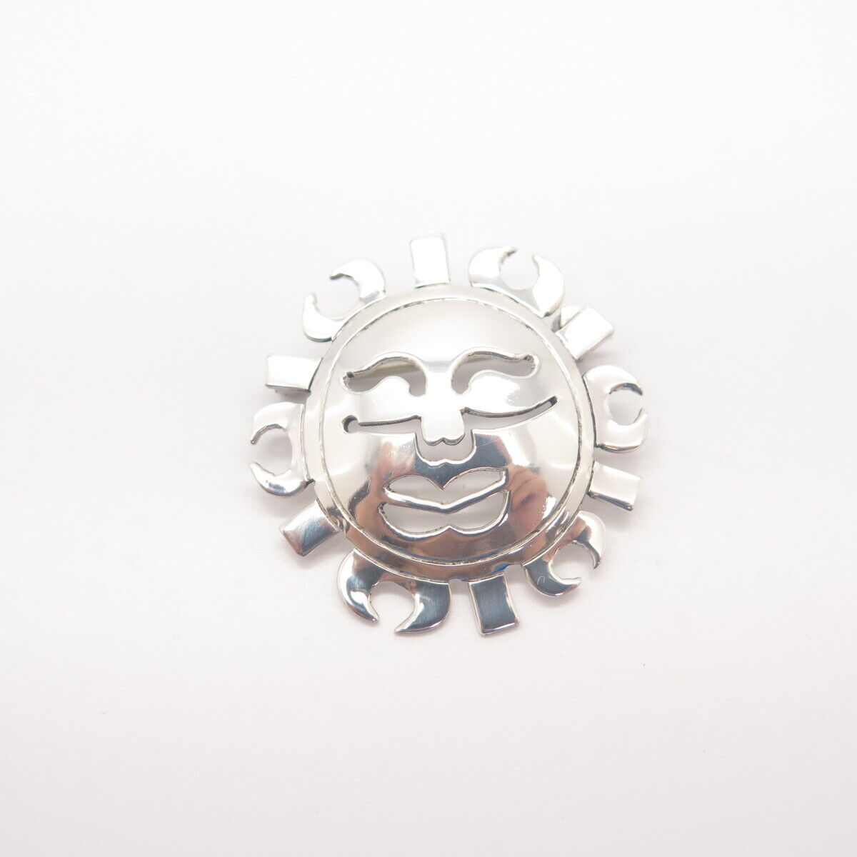 925 Sterling Silver Vintage Mexico Sun Face Tribal Pin Brooch
