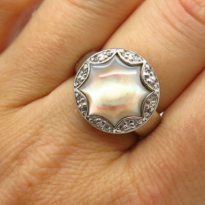 925 Sterling Silver Real Mother-Of-Pearl & C Z Disk Design Ring Size 7.5