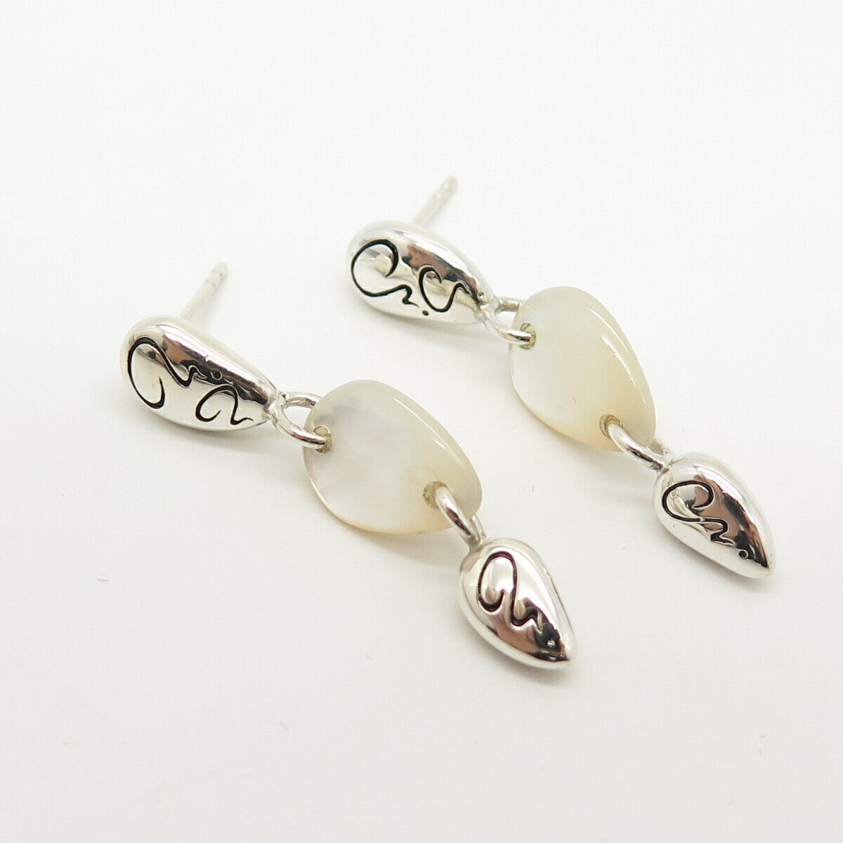 925 Sterling Silver Real Mother-of-Pearl Swirl Design Dangling Earrings