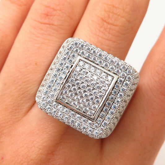 925 Sterling Silver Pave Swarovski Crystal Wide Men's Signet Ring