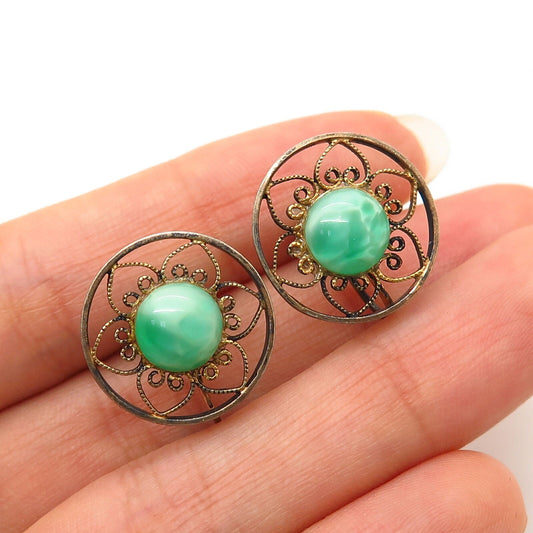 925 Sterling Silver Vintage Art Glass Ornate Design Screw Back Earrings