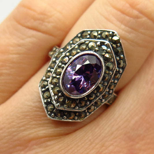 925 Sterling Silver Real Marcasite Gem & Amethyst-Tone C Z Ring Size 5 3/4