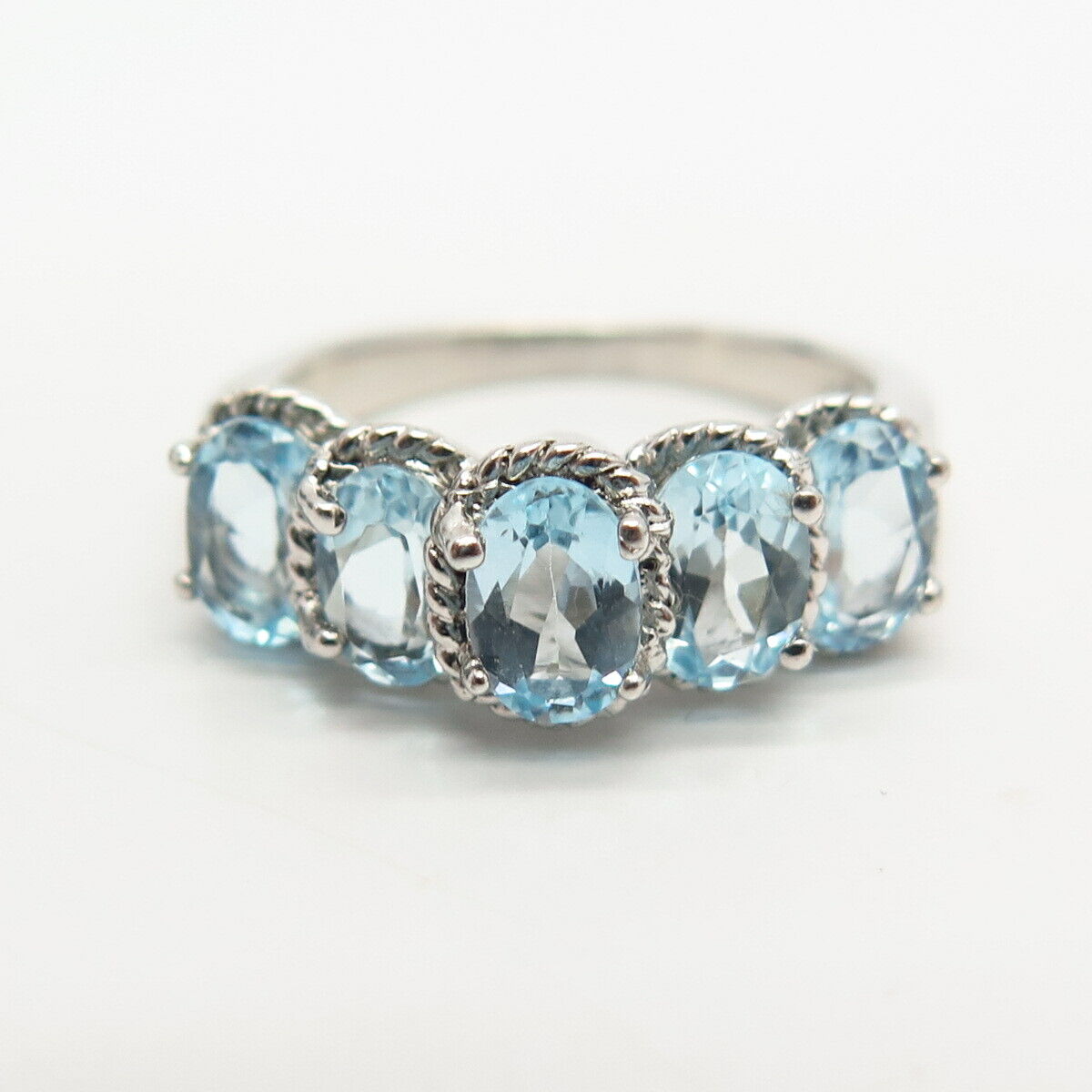 925 Sterling Silver Real Blue Topaz Gem Twisted Design Ring Size 6 3/4