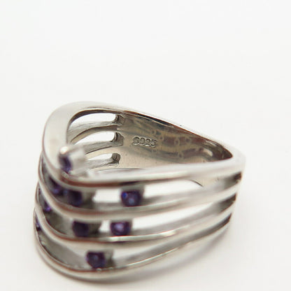 925 Sterling Silver Real Amethyst Gem Letter "W" Initial Design Wide Ring Size 6