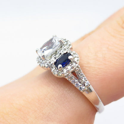 925 Sterling Silver Lab-Created Sapphire & C Z Ring Size 6.75