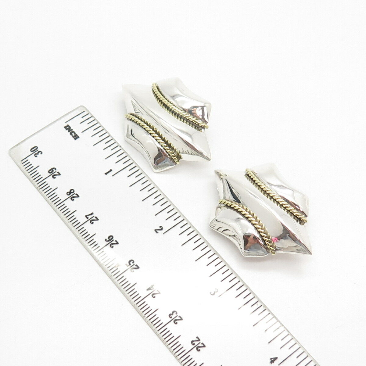 925 Sterling Silver 2-Tone Vintage Mexico Twisted Clip On Earrings