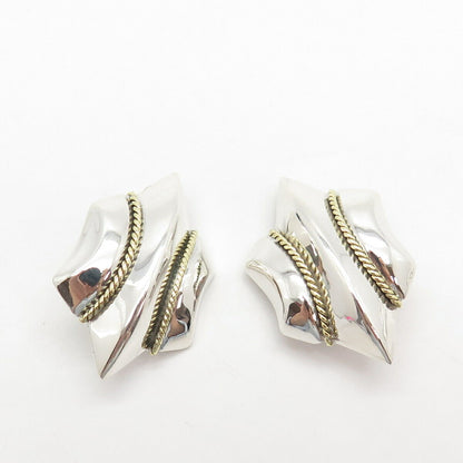 925 Sterling Silver 2-Tone Vintage Mexico Twisted Clip On Earrings