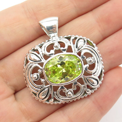 925 Sterling Silver / 14K Vintage J. Esposito Peridot-Tone C Z Ornate Pendant