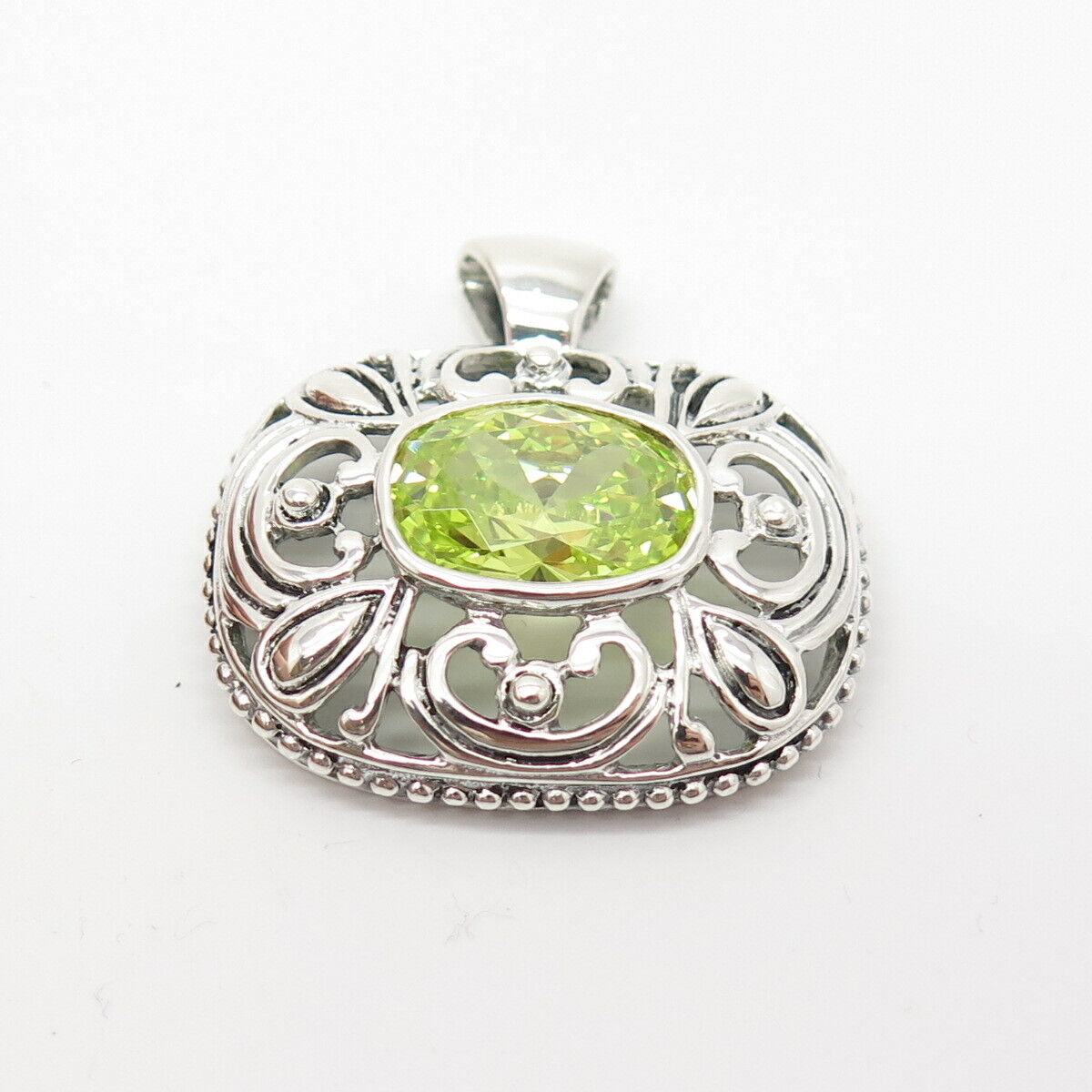 925 Sterling Silver / 14K Vintage J. Esposito Peridot-Tone C Z Ornate Pendant