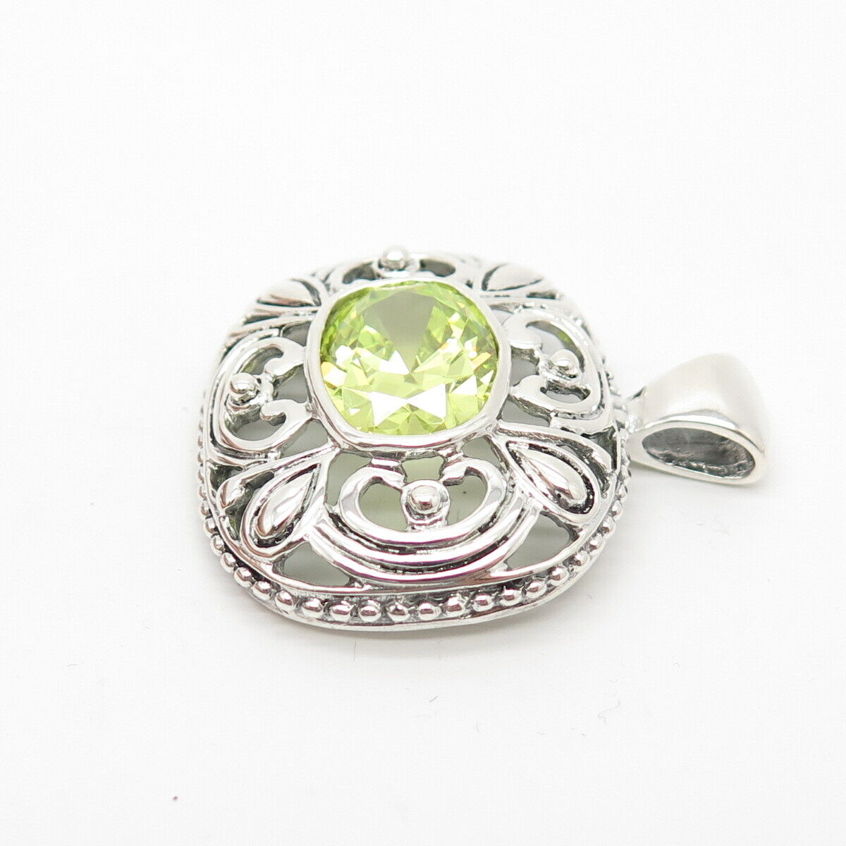 925 Sterling Silver / 14K Vintage J. Esposito Peridot-Tone C Z Ornate Pendant